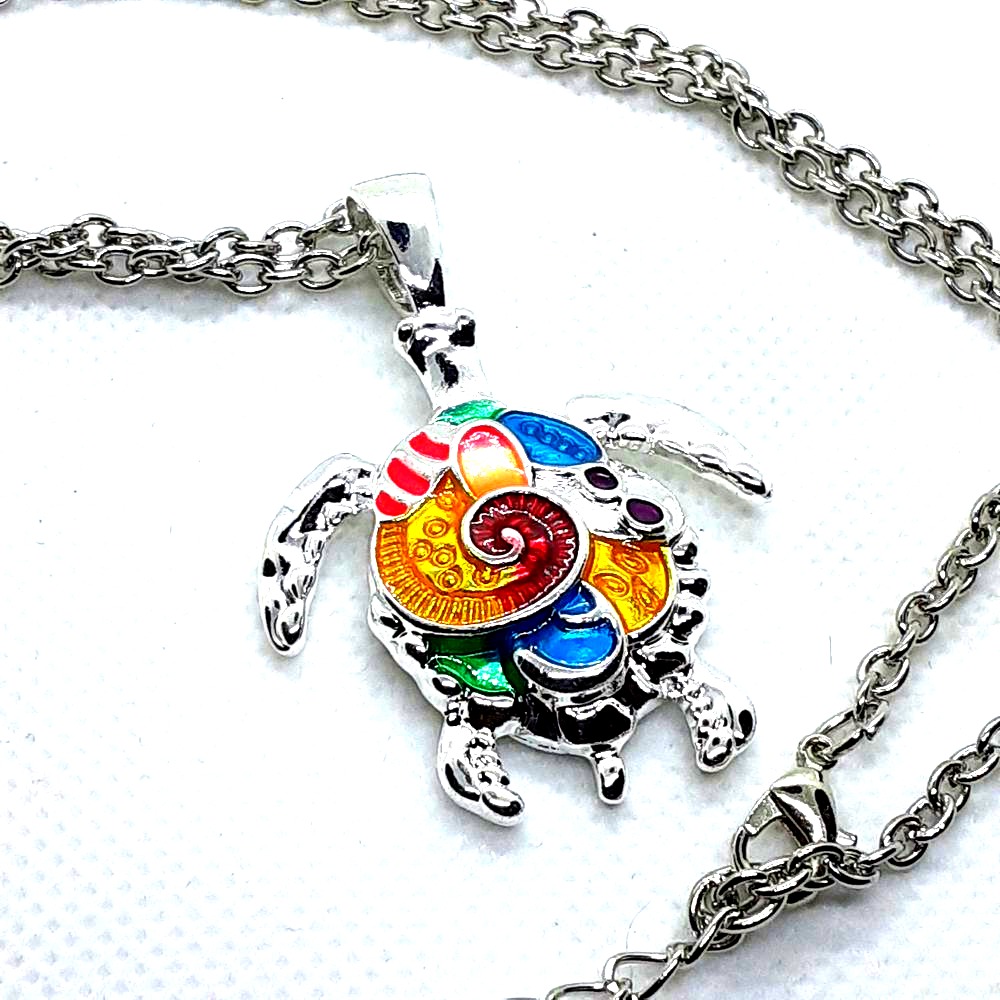 Multicolored Silvertone Turtle Necklace